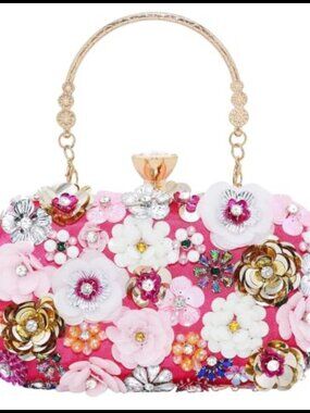 Satin Evening Clutch Handbag Floral Chain Shoulder Bag